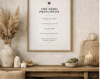 Reiki Principles Wall Art Print | Usui Reiki Gokai Japanese English Poster | Meditation Room Decor | Spiritual Healing Wall Art | Reiki Gift