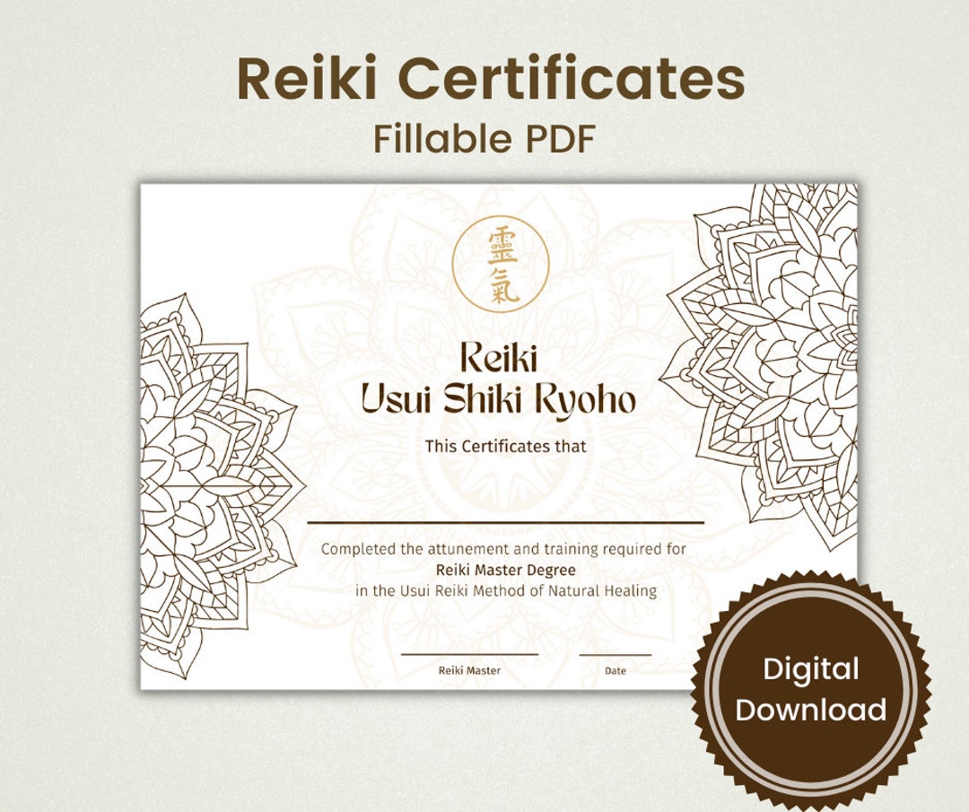 Reiki Certificates - Editable PDF Template for Levels I, II