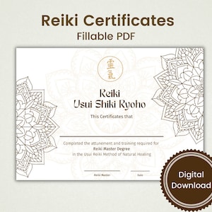 Reiki Zertifikate - Bearbeitbare PDF Vorlage für die Stufen I, II, III & Master | Druckbares Reiki Zertifikat für Dein Business