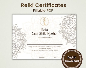 Reiki Certificates - Levels I, II, III and Master, Editable PDF, Reiki Certificate Template, Reiki Certificate Printable, Reiki business