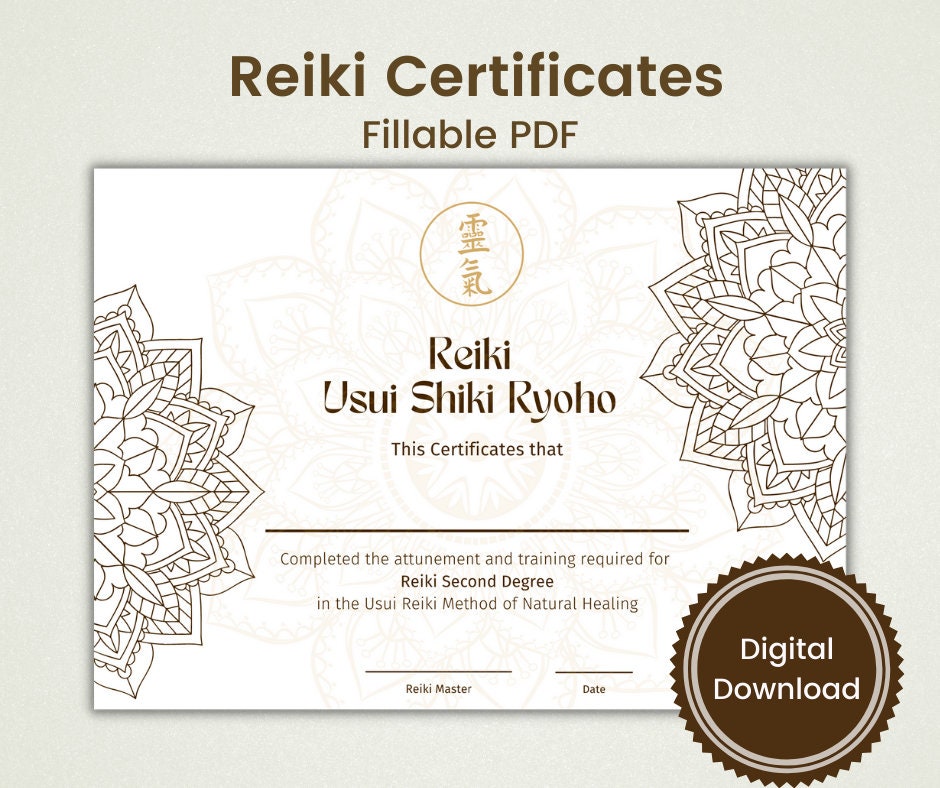 Reiki Certificates - Editable PDF Template for Levels I, II