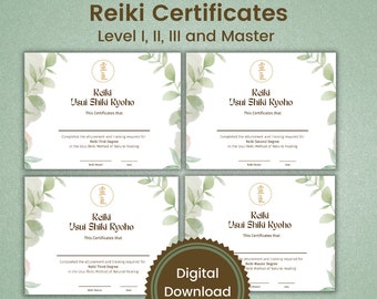 Reiki Certificates - Levels I, II, III and Master, Editable PDF, Reiki Certificate Template, Reiki Certificate Printable, Reiki business