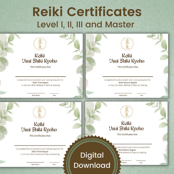 Reiki-certificaten - Niveaus I, II, III en Master, bewerkbare PDF, Reiki-certificaatsjabloon, Reiki-certificaat afdrukbaar, Reiki-bedrijf