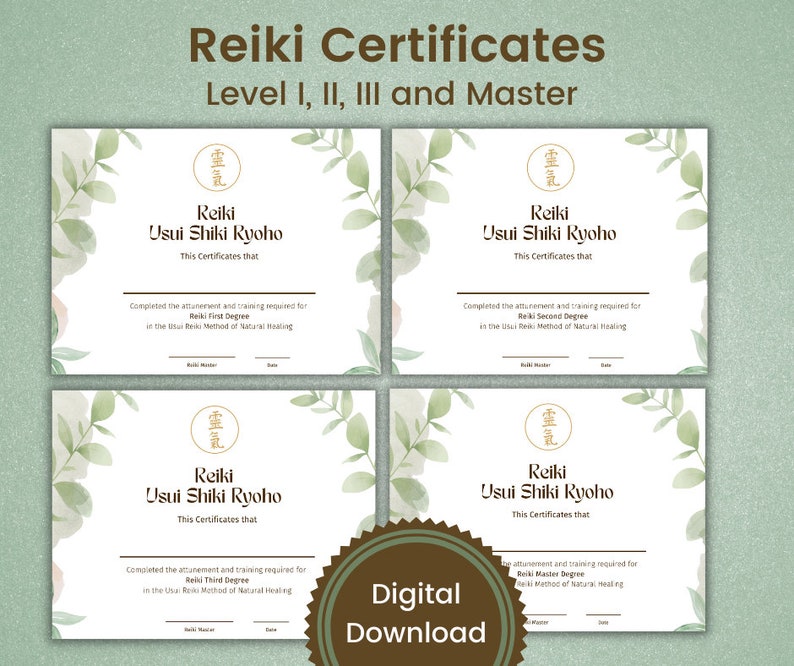 Reiki Certificates Levels I, II, III and Master, Editable PDF, Reiki Certificate Template, Reiki Certificate Printable, Reiki business image 1