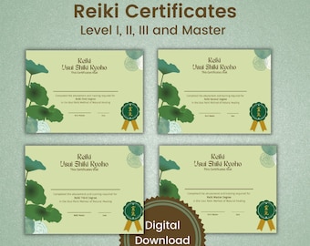 Reiki Certificates Template - Levels I-Master, Editable PDF