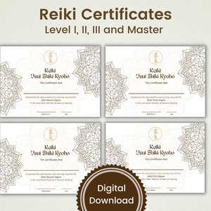 Reiki-Zertifikate - Stufen I, II, III und Master, bearbeitbare PDF-Datei, Reiki-Zertifikatvorlage, Reiki-Zertifikat zum Ausdrucken, Reiki-Business