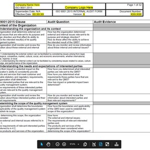 May include: A document outlining the ISO 9001:2015 standard for quality management systems. The document includes sections on understanding the organization and its context, understanding the needs and expectations of interested parties, and determining the scope of the quality management system.