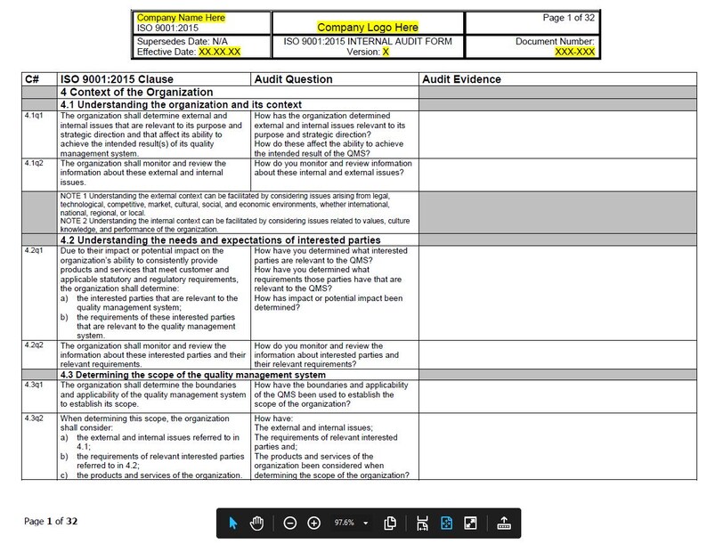 May include: A document outlining the ISO 9001:2015 standard for quality management systems. The document includes sections on understanding the organization and its context, understanding the needs and expectations of interested parties, and determining the scope of the quality management system.