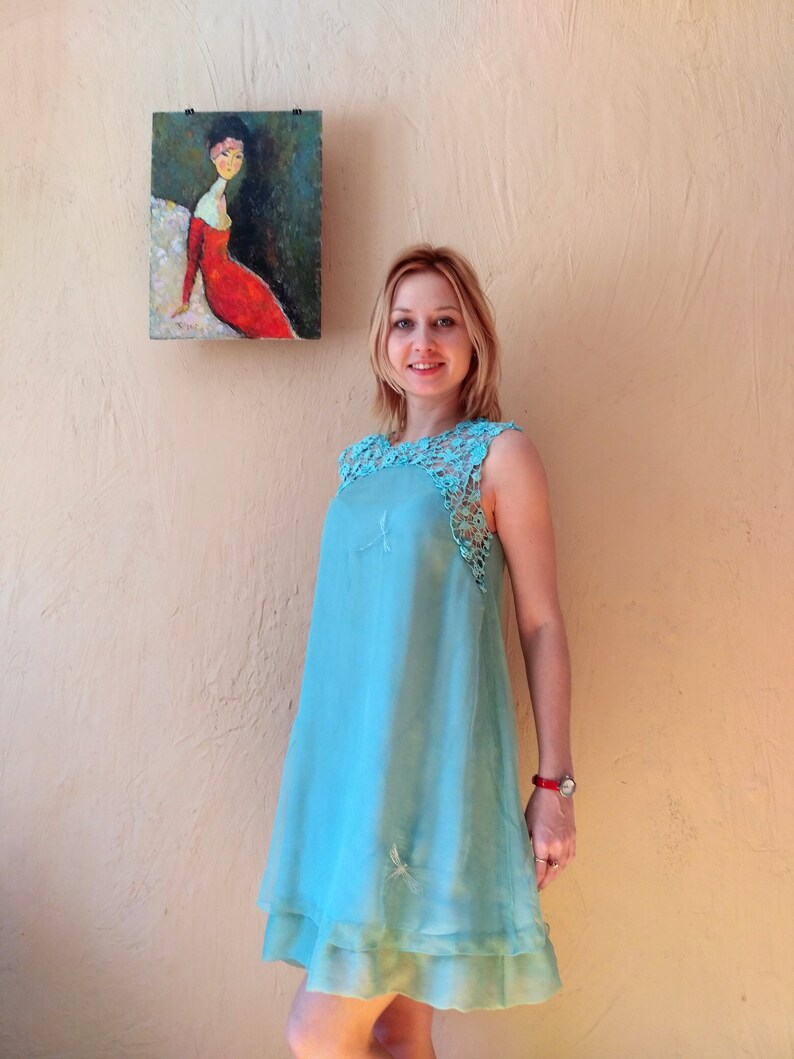 Silk dress on a lining with handmade lace decor Elegant dress for a holiday Elegant dress of mint color Cocktail dress of mint color