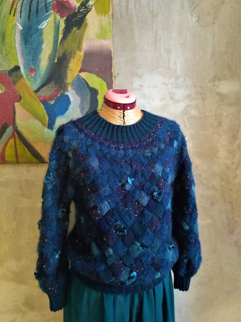 Jersey in Entrelac model Womens entrelacs sweater knitting Blue cardigan in the technique EntrelacBlue entrelacs sweater knitting