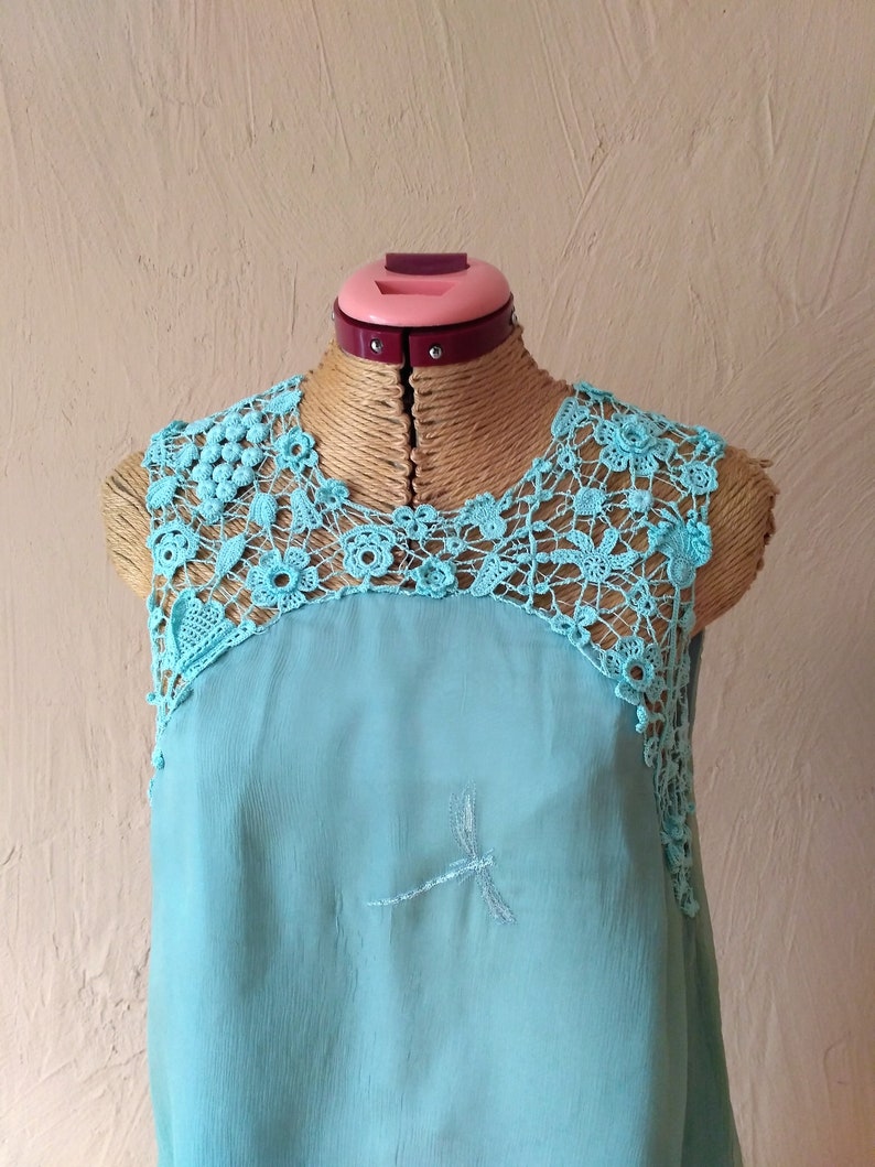 Silk dress on a lining with handmade lace decor Elegant dress for a holiday Elegant dress of mint color Cocktail dress of mint color