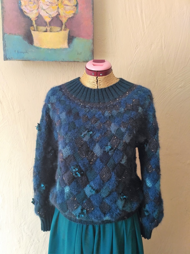 Jersey in Entrelac model Womens entrelacs sweater knitting Blue cardigan in the technique EntrelacBlue entrelacs sweater knitting