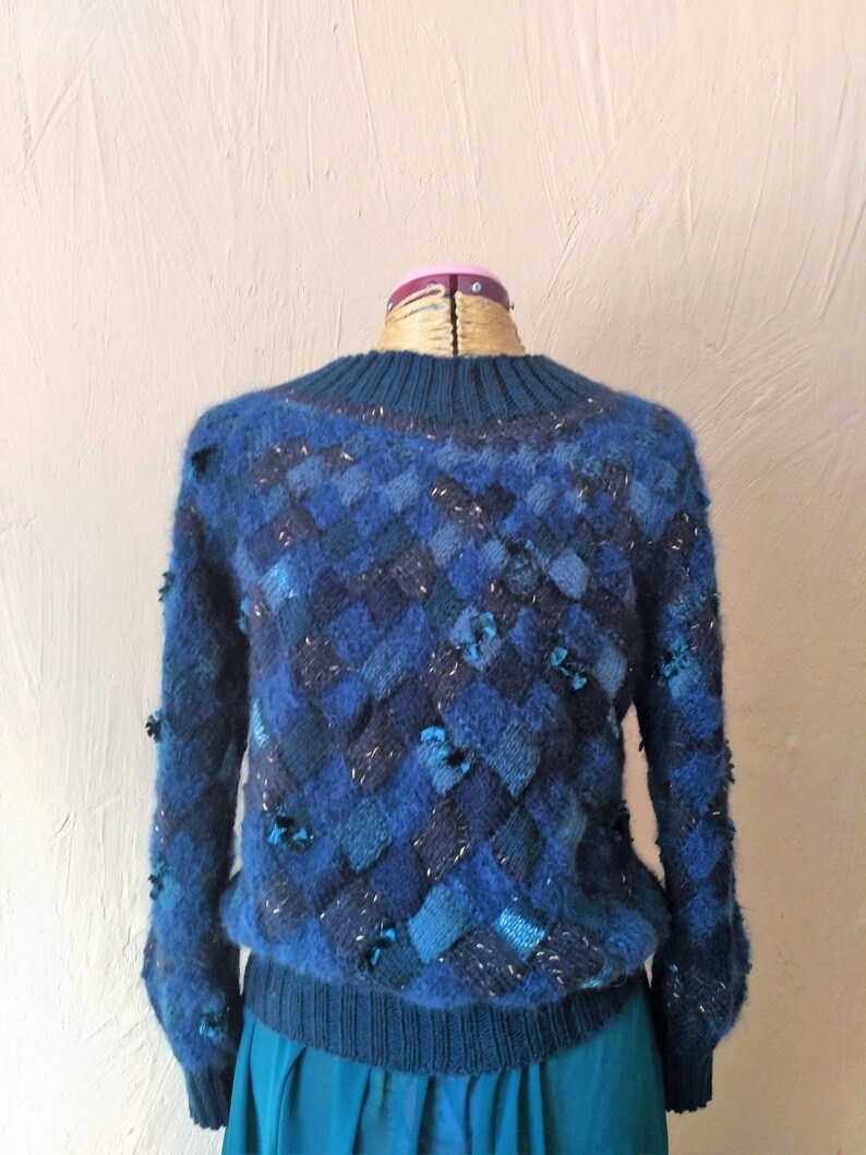 Jersey in Entrelac model Womens entrelacs sweater knitting Blue cardigan in the technique EntrelacBlue entrelacs sweater knitting
