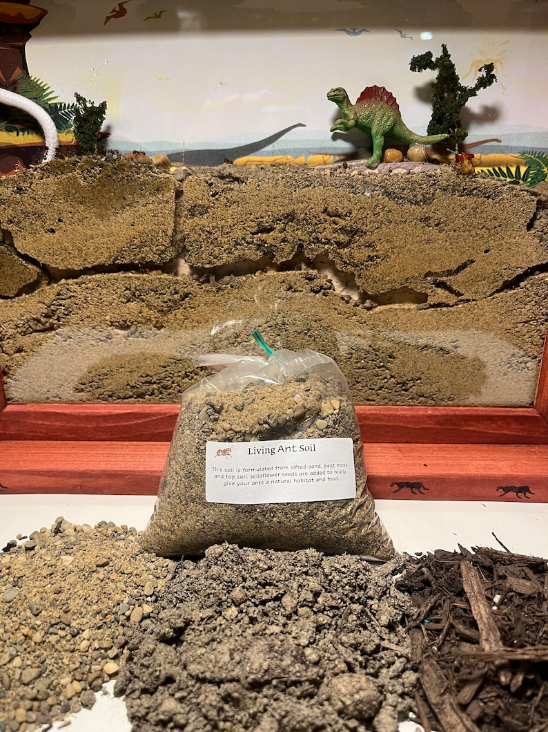 May include: A bag of Living Ant Soil, a soil mix formulated from sifted sand, peat moss, and top soil. Wildflower seeds are added to provide a natural habitat and food for ants. The bag is sitting on a table with three piles of soil, one with small rocks, one with dark soil, and one with wood chips.