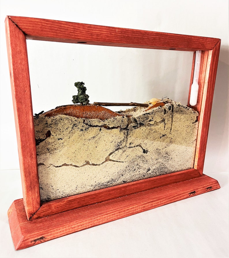 May include: A wooden ant farm with a red stained frame and a clear glass front. The ant farm is filled with sand and has a small tree and a bridge inside. There is a white plastic tube hanging from the top of the frame.