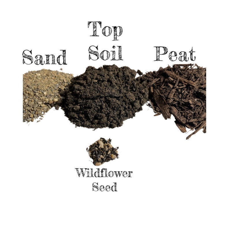 May include: A close-up of a gardening kit with three different types of soil: sand, topsoil, and peat moss. A small pile of wildflower seeds is also shown.