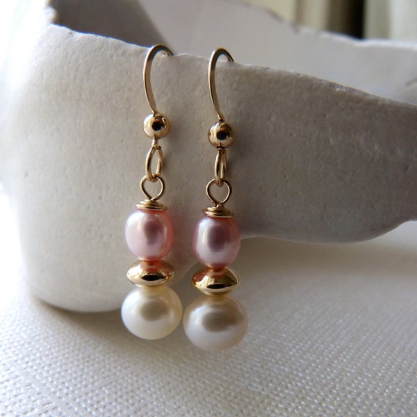 Pink and white freshwater pearl 14k gold fill earrings.