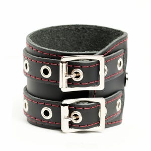 Wraparound bracelet in black leather with red stitching, Punk, Goth, Rock, Biker, Skater.