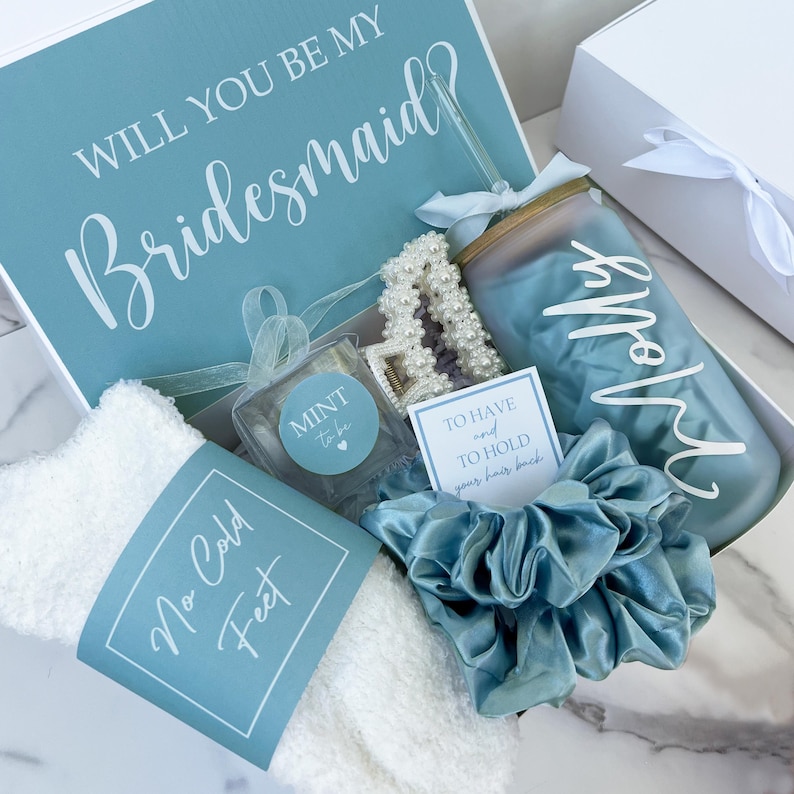 bridesmaid proposal box gift blue dusty blue