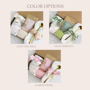 May include: Three gift boxes with different color schemes: Cozy Neutral, Sage Serenity, and Garden Rose. Each box contains a mug, a spoon, a bar of soap, bath salts, and a package labeled "HUG IN A MUG". The boxes are tied with ribbons.