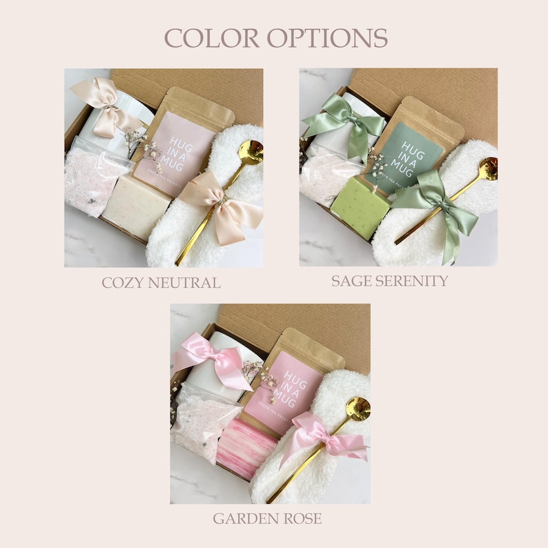 May include: Three gift boxes with different color schemes: Cozy Neutral, Sage Serenity, and Garden Rose. Each box contains a mug, a spoon, a bar of soap, bath salts, and a package labeled "HUG IN A MUG". The boxes are tied with ribbons.