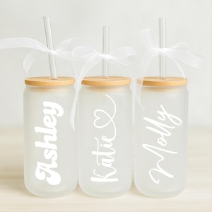 Bridesmaid Glass Cup, Personalized Glass Tumbler with Name, Frosted Glass Tumbler, Custom Glass Coffee Cup, Bridesmaid Tumbler Gift