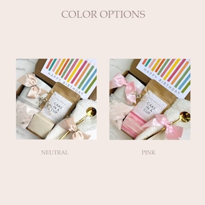 May include: Two gift boxes, one labelled "NEUTRAL" and the other "PINK", with the text "COLOR OPTIONS" above. Each box contains a birthday card, a bag of "CAKE IN A CUP", a gold spoon, and a bow. The birthday cards say "HAPPY BIRTHDAY".