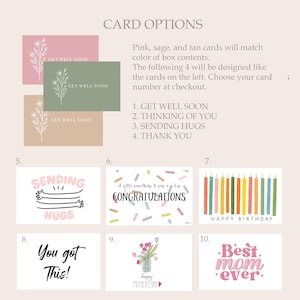 May include: A collection of greeting cards with different designs and messages. The cards feature phrases such as "Get Well Soon," "Sending Hugs," "Congratulations," "Happy Birthday," "Happy Mother's Day," and "Best Mom Ever." The cards are in pink, sage, and tan.