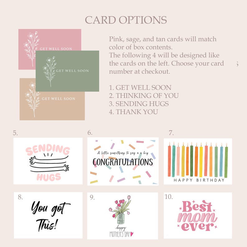 May include: A collection of greeting cards with different designs and messages. The cards feature phrases such as "Get Well Soon," "Sending Hugs," "Congratulations," "Happy Birthday," "Happy Mother's Day," and "Best Mom Ever." The cards are in pink, sage, and tan.