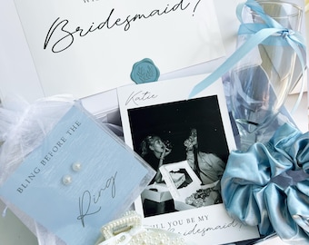 Caja azul para propuesta de dama de honor, regalo para propuesta de dama de honor, tarjeta fotográfica personalizada, regalo para la dama de honor, regalo azul empolvado para dama de honor