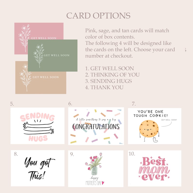 May include: A selection of greeting cards with various designs and messages. The cards include phrases like "Get Well Soon," "Sending Hugs," and "Congratulations." The image also features a card with a cookie illustration and the text "You're One Tough Cookie!"