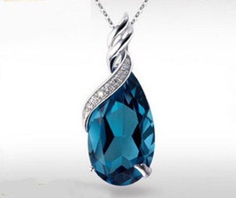Blue Crystal Pendant With CZ Accents White Gold Plated Etsy