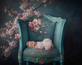 Newborn Digital Backdrop, teal and pink antique chair, ai created, cherry blossoms