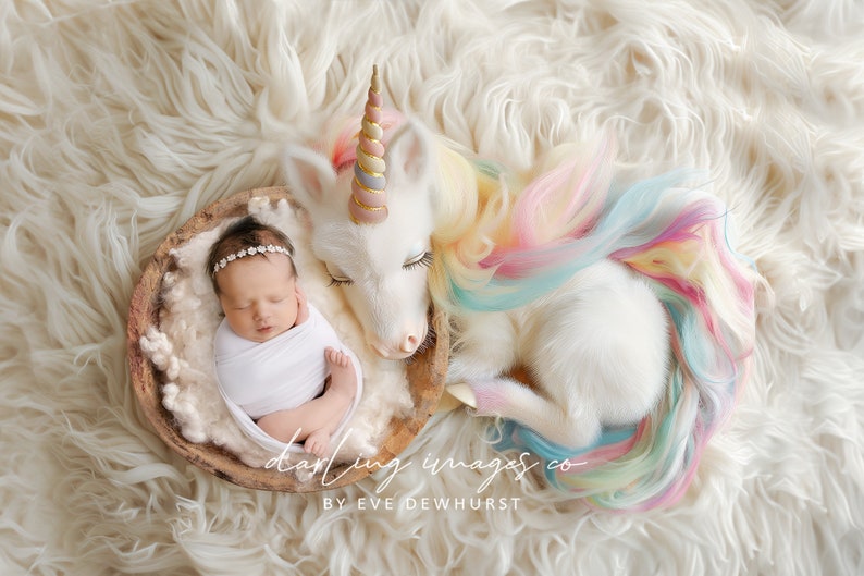 Newborn Digital Backdrop, Newborn Composite, Newborn Background, Unicorn backdrop, pastel colours, white wool fluff image 1