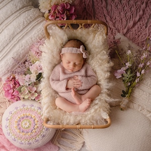 Newborn Digital Backdrop, Newborn Composite, Newborn Digital, Pink boho bed with cream wool