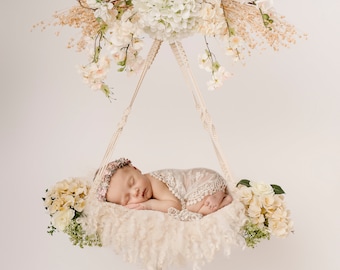 Newborn Digital Backdrop, Newborn Composite, Newborn Digital, Floral swing in creamy neutral with roses, newborn white girl swing