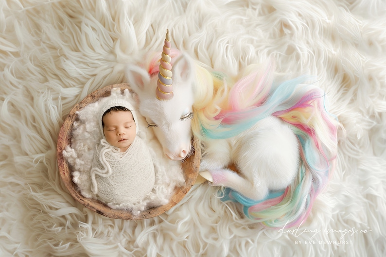 Newborn Digital Backdrop, Newborn Composite, Newborn Background, Unicorn backdrop, pastel colours, white wool fluff image 2