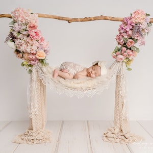 Newborn Digital Backdrop, Newborn Composite, Newborn Photography, Floral swing, cream and pastel roses, newborn girl swing
