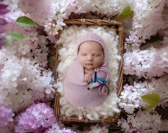 Newborn Digital Backdrop, Newborn Composite, Newborn Digital, Pink and Mauve Wisteria basket