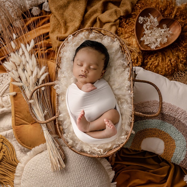 Newborn Digital Backdrop, Newborn Composite, Newborn Digital, boho setup, cream wool with rattan basket