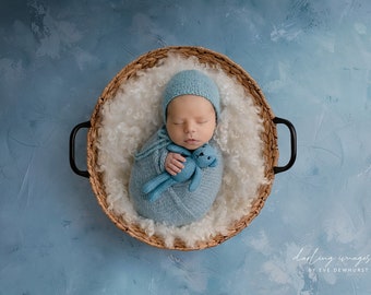 Newborn Digital Backdrop, Newborn Composite, Blue hand painted backdrop with basket and white wool