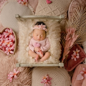 Newborn Digital Backdrop, Newborn Composite, Newborn Digital, Boho bed with macrame, cream, neutral, valentines heart, frangipani