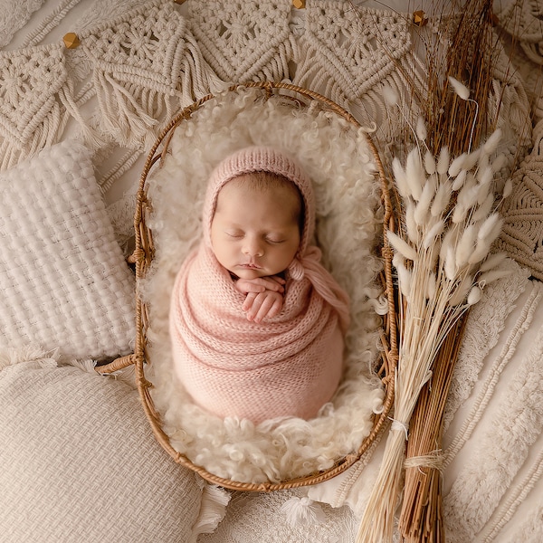 Newborn Digital Backdrop, Newborn Composite, Newborn Digital, Boho neutral basket with macrame