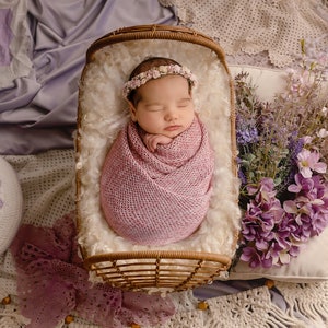 Newborn Digital Backdrop, Newborn Composite, Newborn Digital, Mauve floral boho bed with cream wool