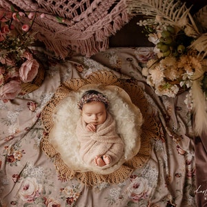 Newborn Digital Backdrop, Newborn Composite, Newborn Digital, rustic, eclectic boho peachy pink with white wool and flowers