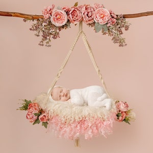 Newborn Digital Backdrop, Newborn Composite, Newborn Digital, Floral swing in peachy pink with roses, newborn girl swing