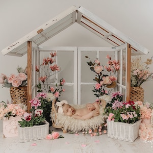 Newborn Digital Backdrop, Newborn Composite, Newborn Background, Boho Floral Greenhouse with white wool and real flowers