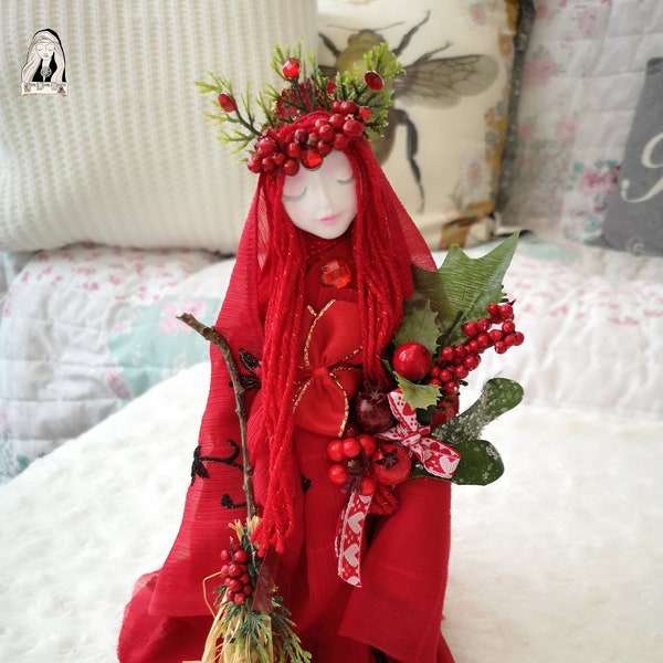 Hand-crafted spirit doll of a Winter Goddess called "Holly Berry" blessed with sage oil
