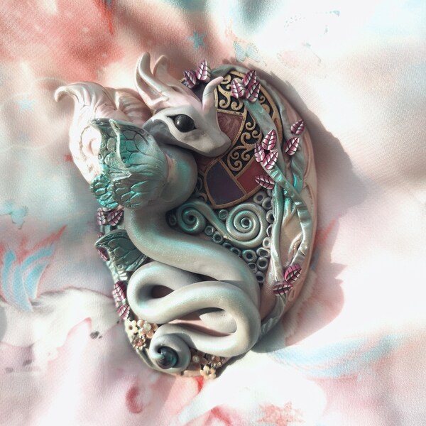 Handcrafted clay wall or altar plaque of a shield dragon called "Roy" blessed with Gothic oil