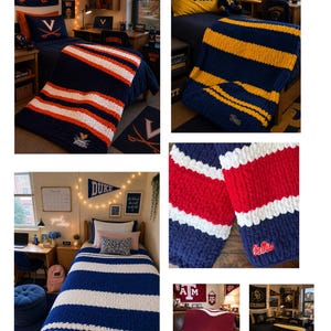 ANY COLORS or TEAM Hand-Knit Chunky Dorm Blanket / Penn State Colors / Custom Embroidered Patch / Any Size